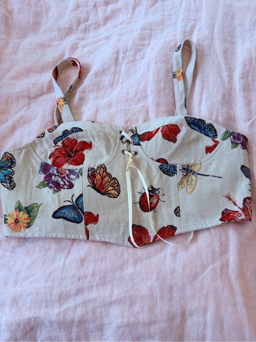 Cider Cream Floral & Butterfly Lace-Up Corset Top